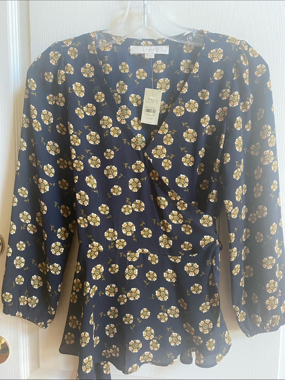 LOFT Navy Floral Wrap Top with Tie Waist